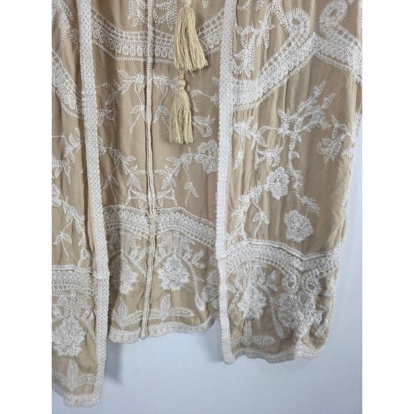 Solitare Cottage Core Cardigan L Womens Boho Coquette Embroidered Tan Coastal - Picture 3 of 6
